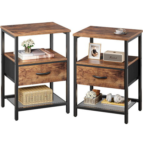 Huuger Rustic Brown Nightstand Set with Fabric Drawer and Mesh Shelf - Versatile Side Tables for Any Room Huuger