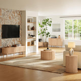 LINSY HOME Round Coffee Table, 31.5" Drum Coffee Table with Sliding Tambour Door, Fluted Accent Center Table with Storage, Mid Century Modern Coffee Table for Living Room, Oak LINSY HOME