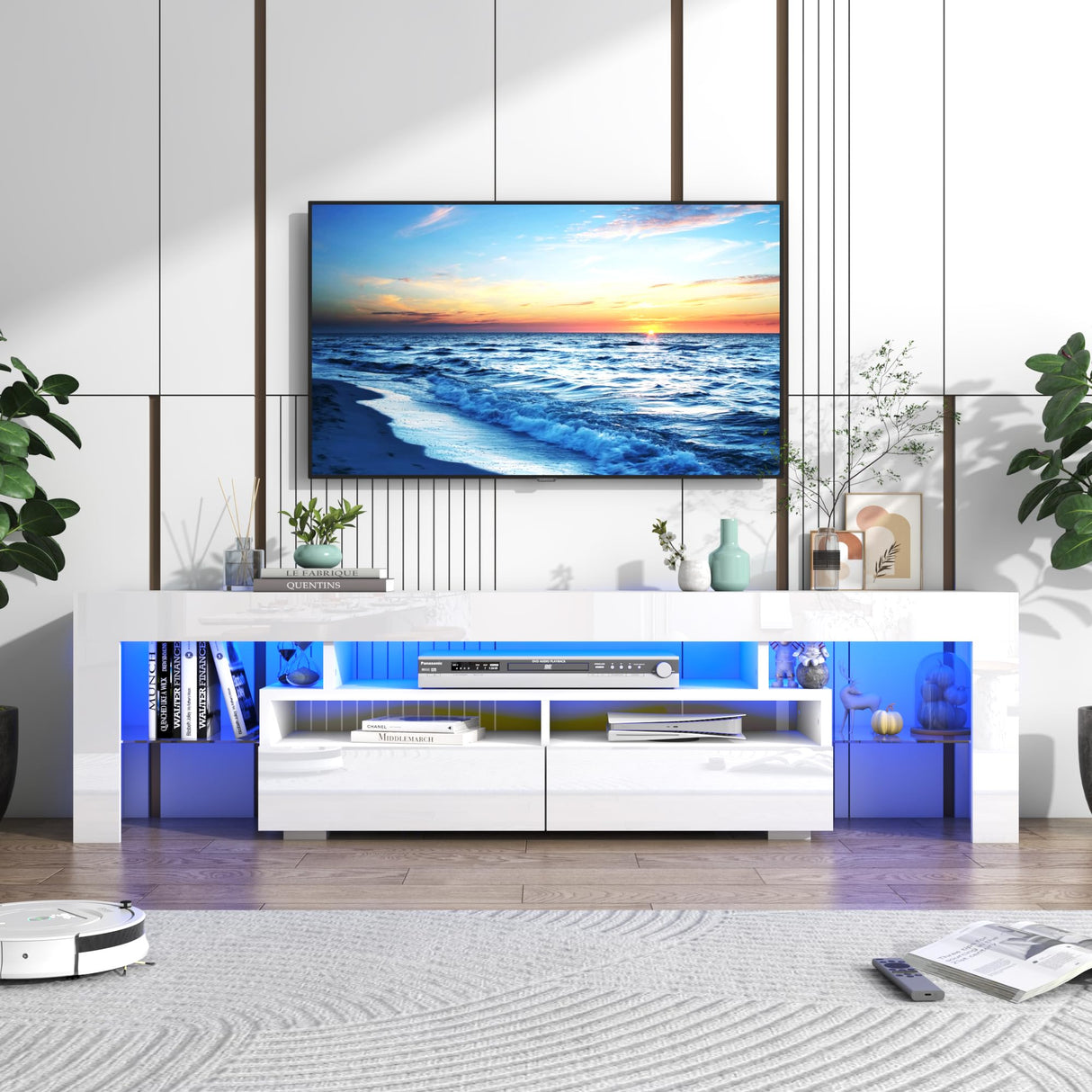 Vinctik 6&Fox LED TV White Stand for 55/60/65inch TV,Modern Entertainment Center with 2 Storage Drawers and LED Light, High Glossy TV Console,TV Table Media Furniture (63inch, White 1) Vinctik 6&Fox