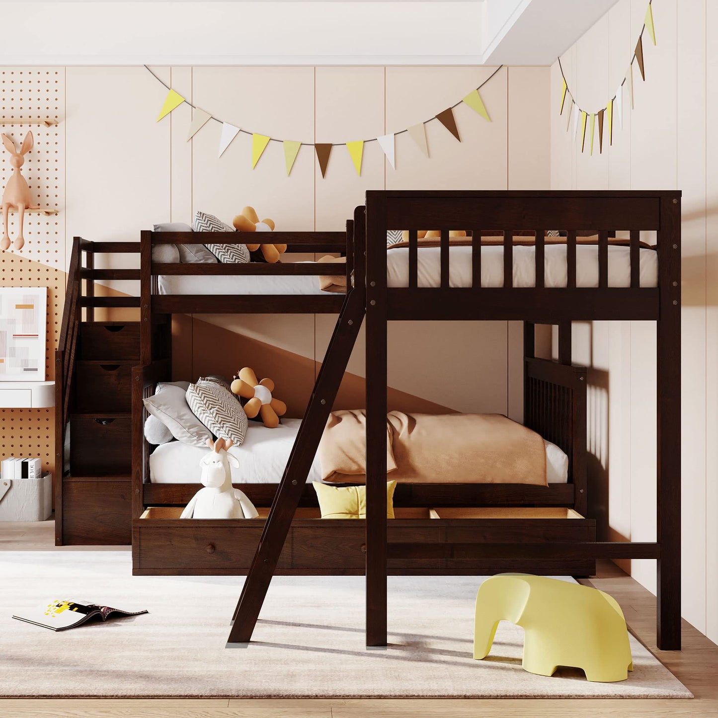 Espresso L Shaped Triple Bunk Bed with Stairs & Storage for Kids, Teens, and Adults - Twin Over Full Design - WoodArtSupply