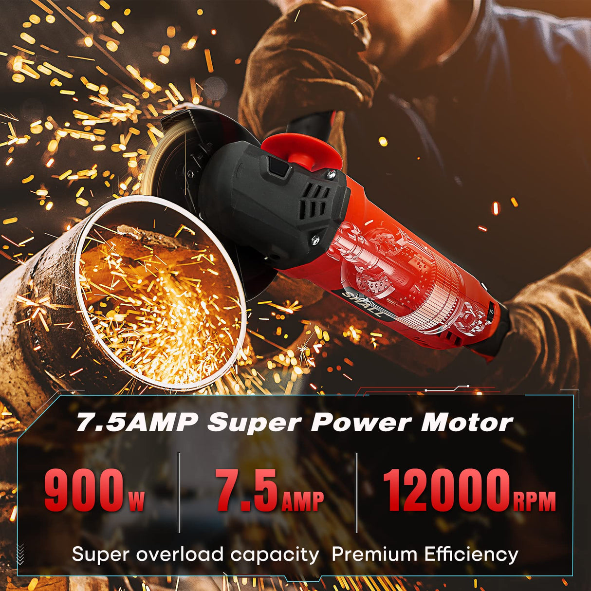 SHALL Angle Grinder Tool 7.5Amp 4-1/2 Inch, 6-Variable-Speed Grinders Power Tools, Electric Metal Grinder 12000 RPM w/ 2 Safety Guards, Cutting Wheels, Flap Discs, Non-Slip Handle for Metal/Wood SHALL