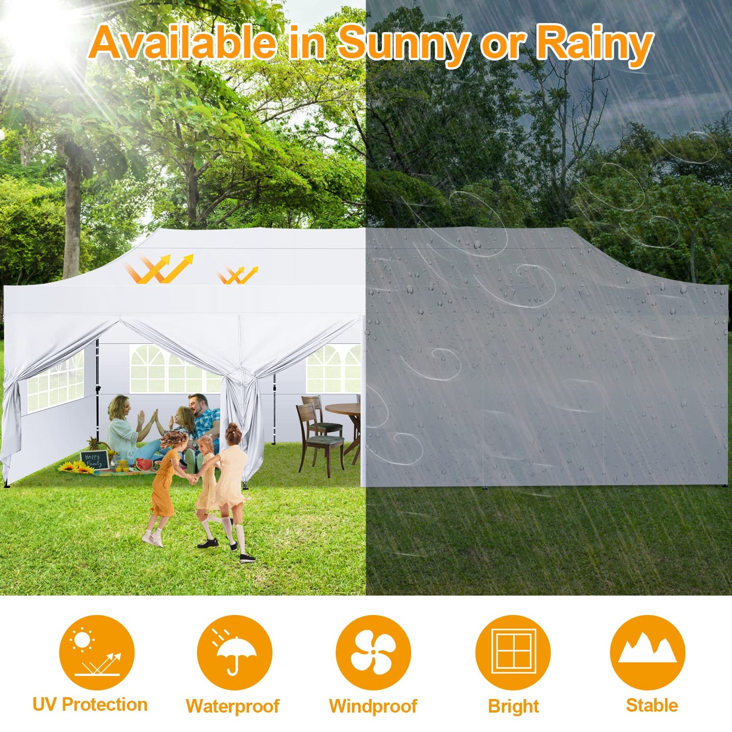 COBIZI 10x30 Pop Up Canopy with 8 Sidewall,Heavy Duty Canopy UPF 50+ All Season Wind Waterproof Commercial Outdoor Wedding Party Tents for Parties Canopy Gazebo with Roller Bag(10 x 30 ft White)