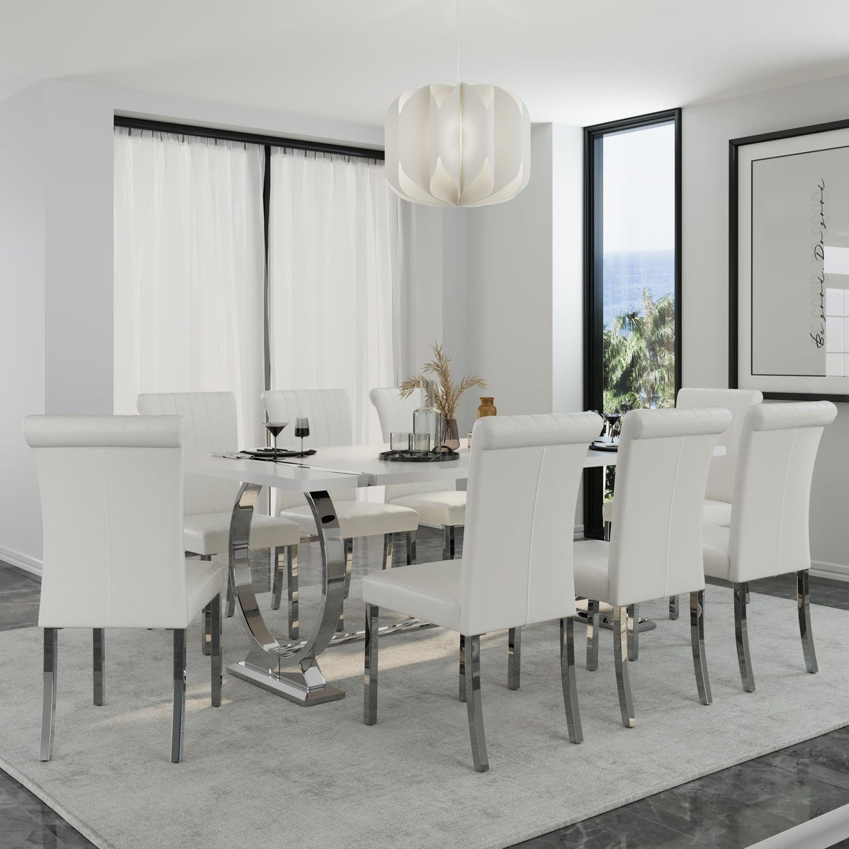 Asday 9 Piece Dining Table Set, Luxury White and Silver Dining Room Table Set with 80 inch Rectangular Dining Table and 8 White Leather Dining Chairs Asday