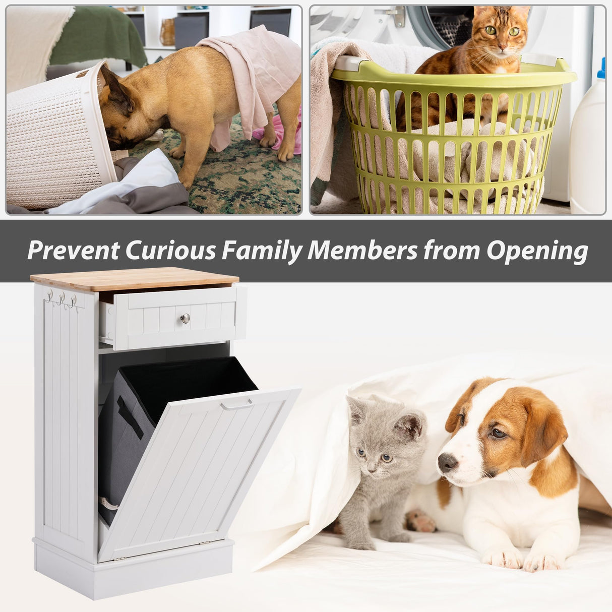 Spurgehom 13 Gallons Tilt Out Trash Cabinet Kitchen Waste Bins Free Standing Laundry Hamper Recycling Cabinet Trash Can Holder with Hideaway Drawer Pet Proof Trash Can for Living Room, White Spurgehom