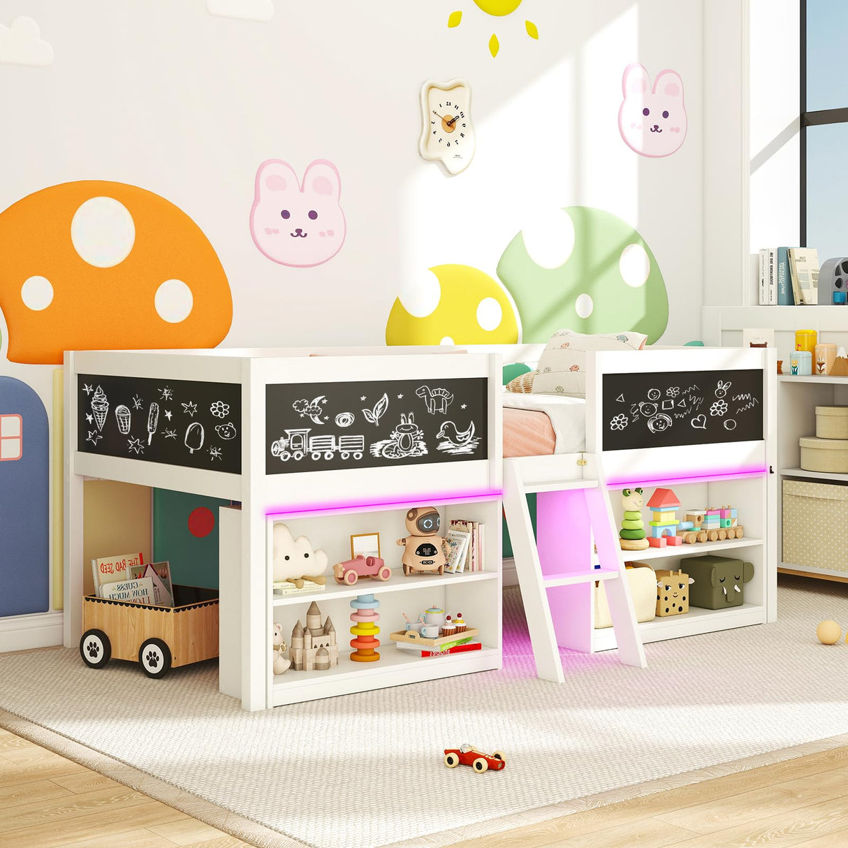 Giantex Low Loft Bed with LED Lights, Wooden Twin Size Loft Bed with Ladder & Blackboard, Twin Bed Frames for Kids with Storage 2 Bookcases and Play Space, White Giantex
