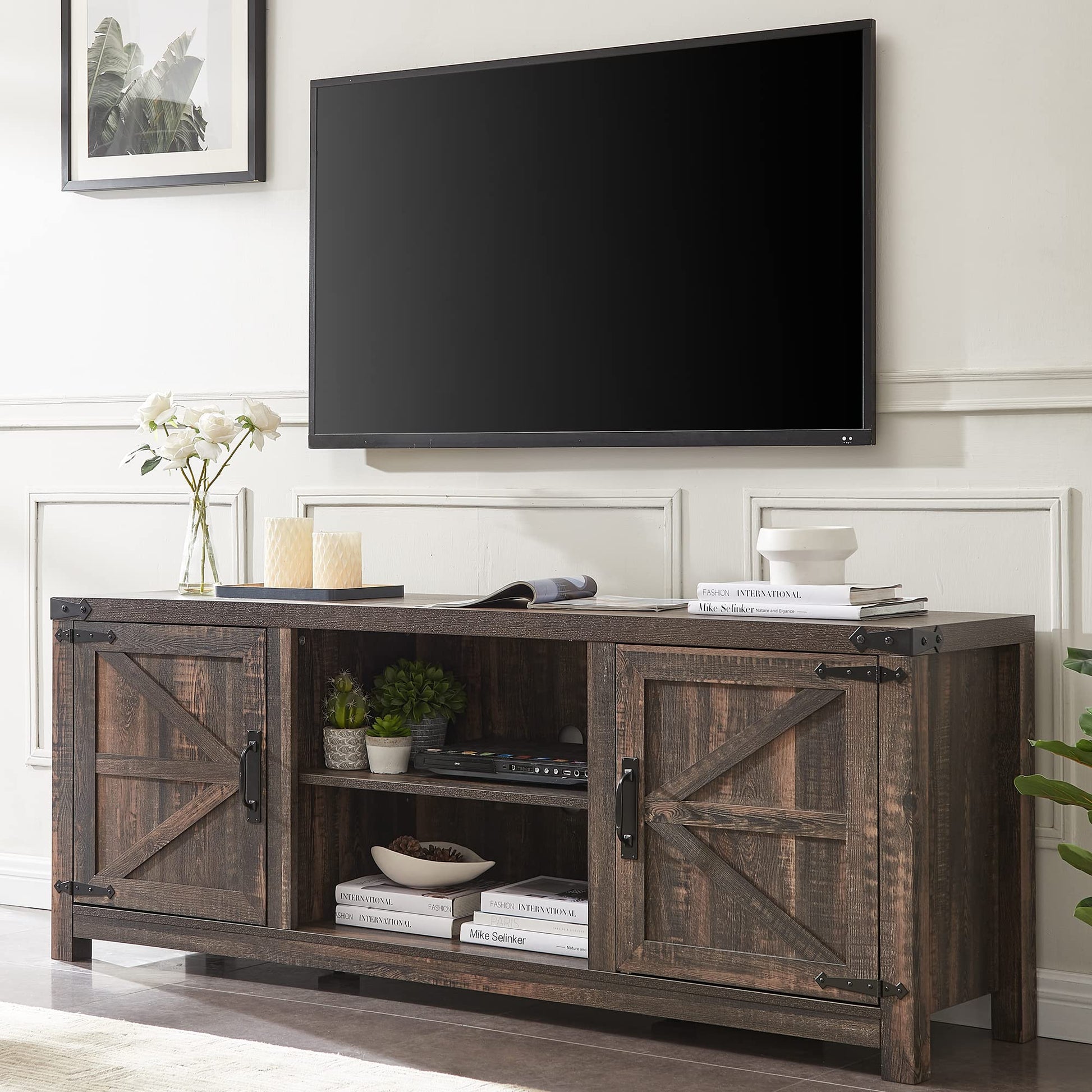 T4TREAM Farmhouse TV Stand for TVs Up to 75 inches, Wood Barn Door Media Television Console Table with Storage Cabinets, Easy Assembly Modern Entertainment Center for Living Room, Dark Rustic - WoodArtSupply