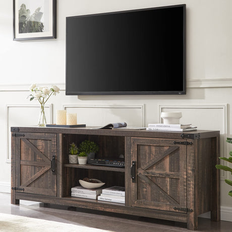 T4TREAM Farmhouse TV Stand for TVs Up to 75 inches, Wood Barn Door Media Television Console Table with Storage Cabinets, Easy Assembly Modern Entertainment Center for Living Room, Dark Rustic Oak T4TREAM