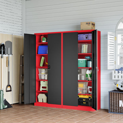 RAVIGIN Metal Garage Storage Cabinet with Lock, 71" Locking Tool Cabinet with 2 Doors and 5 Shelves, Tall Steel Cabinet for Garage, Heavy Duty File Cabinet for Office, School (Red Black)