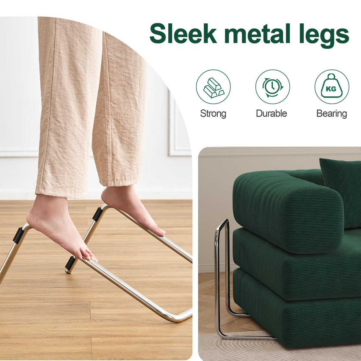 Carzzi-Life 79" Convertible Sofa Bed with Pillows, Corduroy Folding Sleeper Sofa with Fixed-Shape Frame, Boneless Couch for Living Room Bedroom, Floor Sofa Lounge No Assembly Required (Green) Carzzi-Life