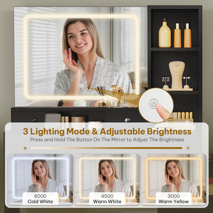 DWVO Large Vanity Desk with Mirror - RGB LED and Charging Station, Make up Vanity Mirror with 3 Lights Mode and Brightness Adjusted, Large Storage Space-10 Drawers, 3 Open Shelves, Dark Black