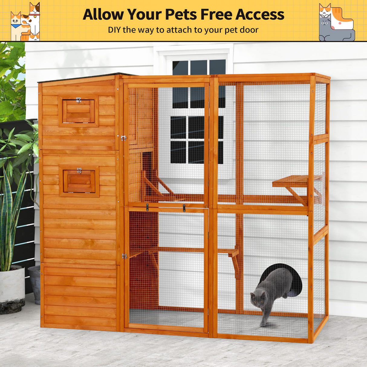 COZIWOW Large Wood Cat Catio, Outdoor Cat Enclosure with Weatherproof Roof, 2 Resting Rooms, 2 Platforms, 4-Tier Cat Playpen, Orange COZIWOW