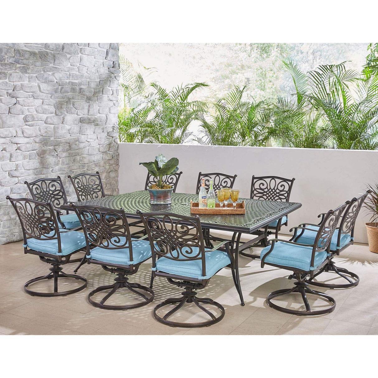 Hanover Traditions 11-Piece Modern Outdoor Dining Set with Rust Resistant Cast Aluminum Rectangular Large Dining Table and 10 Swivel Rocker Chairs with Plush Weather Resistant Blue Cushions Hanover