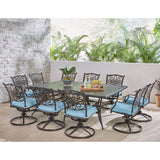 Hanover Traditions 11-Piece Modern Outdoor Dining Set with Rust Resistant Cast Aluminum Rectangular Large Dining Table and 10 Swivel Rocker Chairs with Plush Weather Resistant Blue Cushions Hanover
