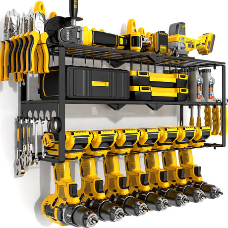 Power Tool Organizer Wall Mount Cordless,15 Min Fast Install Metal Garage Tool Storage Organizer Heavy Duty 3 Layers 7 Drill Power Tool Holder Storage Rack Tool Shelf Wall Mount for Shop Organization Alwaysturdy