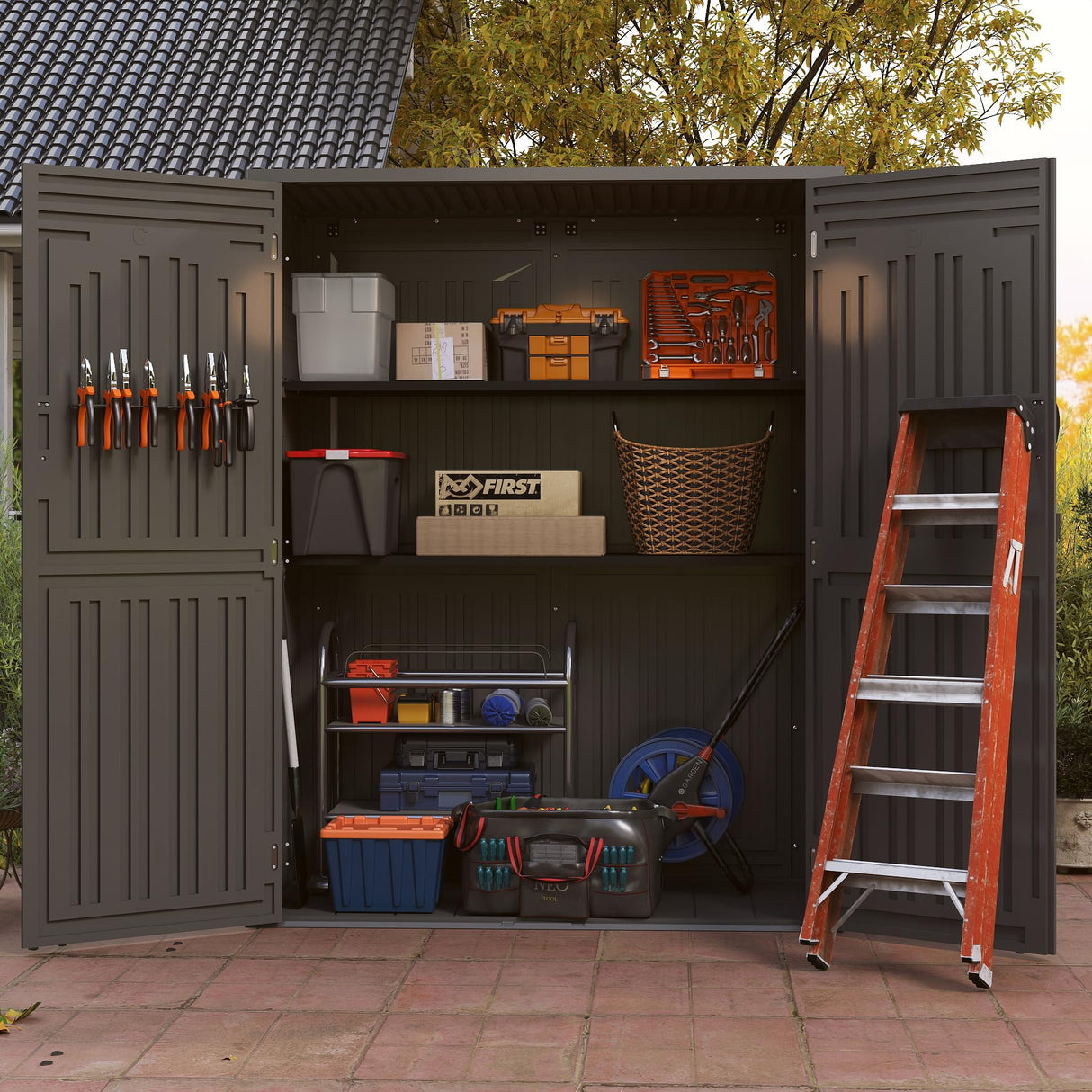 EHHLY Vertical Resin Storage Shed, 60 Cuft Garden Tool Sheds & Outdoor Storage, Plastic Outdoor Storage Cabinet Waterproof, 4.5 x 2.3 ft Backyard Outside Lawn Mower Storage Shed, Grey EHHLY