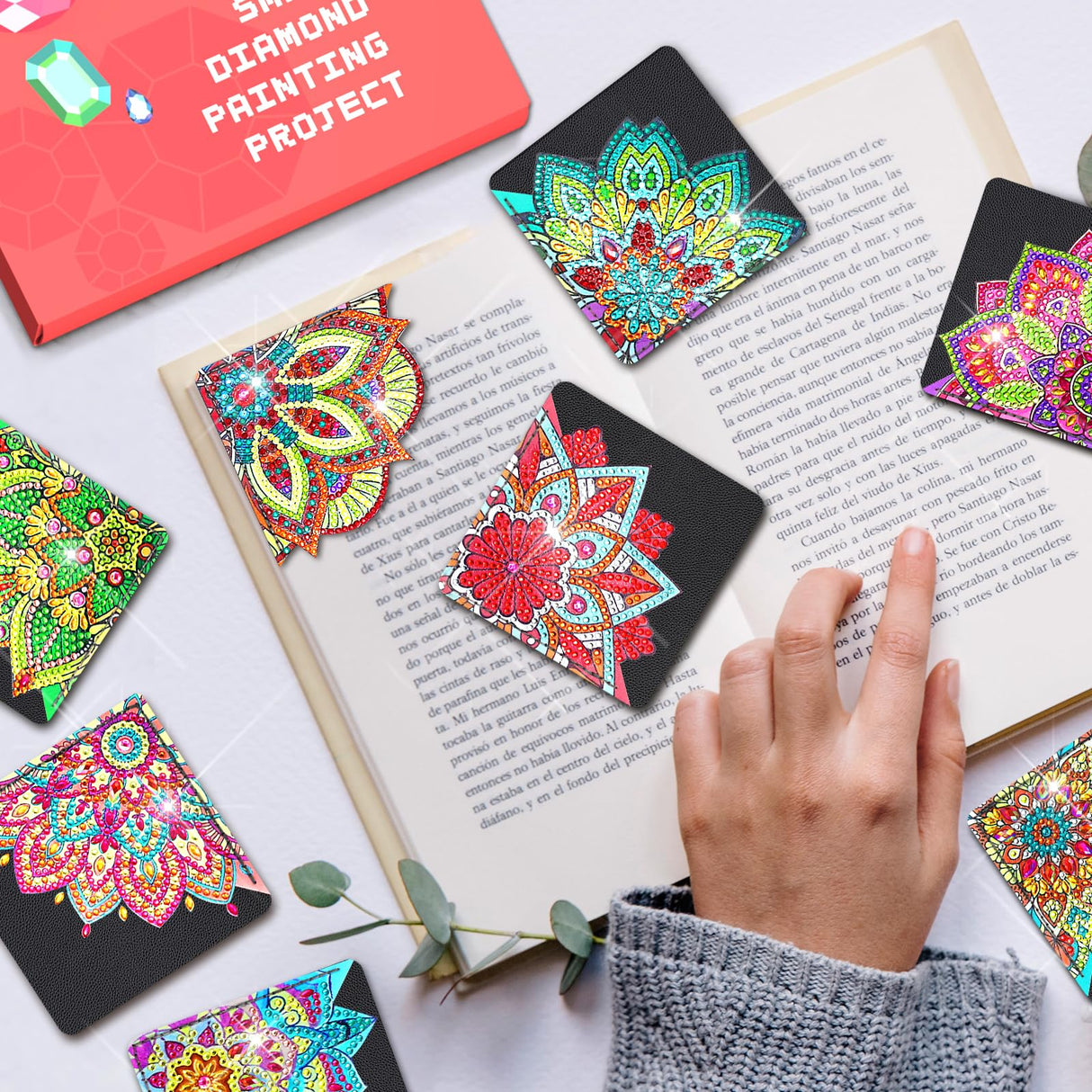 8 PCs Christmas Diamond Art Corner Bookmarks Leather Dimond Painting Book Mark Kit for Adults Paint by Dots Bookmarkers Craft DIY Gem Small Dotz Gifts for Women Mandala Flower Black Lotus CharySim