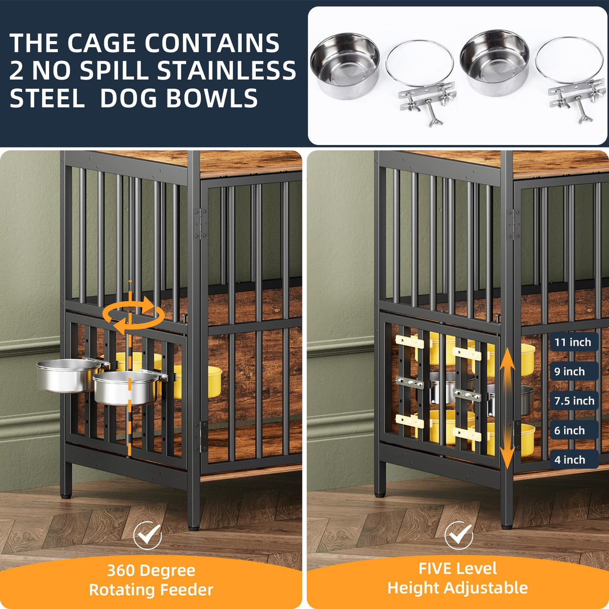 Large Dog Crate Furniture, with 360° Adjustable Elevated Feeder, Heavy Dog Furniture, Indoor Decorative Dog Kennel, Sturdy Metal Construction, 38" W×21" D×36" H, Rustic Brown Finish vanjezand