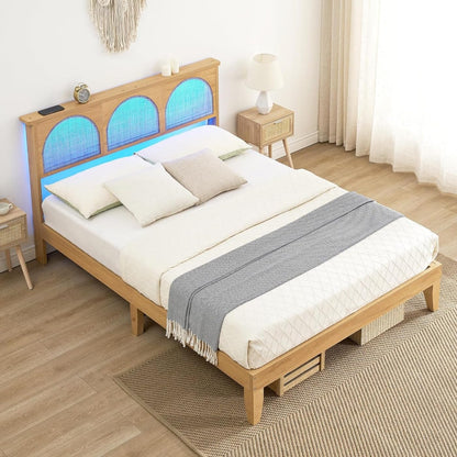 IDEALHOUSE LED Queen Bed Frame with Rattan Headboard and Underbed Storage - WoodArtSupply