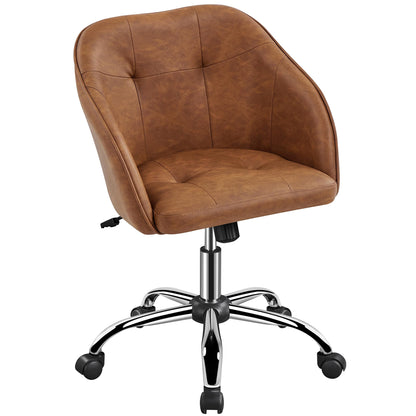 Yaheetech Faux Leather Desk Chair, Makeup Vanity Chair with Adjustable Tilt Angle, Swivel Office Chair Upholstered Armchair Study Chair for Bedroom and Makeup Room Retro Brown - WoodArtSupply