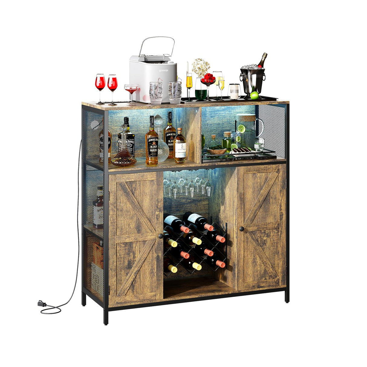 Redlife Wine Bar Cabinet with Power Outlets, Liquor Cabinet with LED Lights and Glass Holder, Industrial Storage Buffet Cabinet Coffee Bar Cabinet, Liquor Cabinet Bar Home, Bar Cabinet with Lights Redlifeᅟᅠ