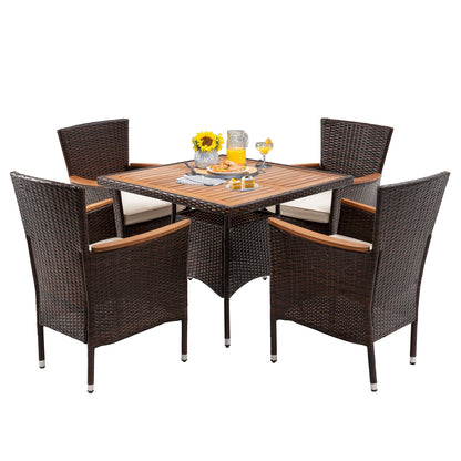 RoyalCraft 5 piece Patio Wicker Dining Sets for 4, Water-Resistant Rattan outdoor dining Table and 4 Chairs with Wood Table Top, Conversation Set for Deck, Garden, Backyard, Removable Cushion - WoodArtSupply