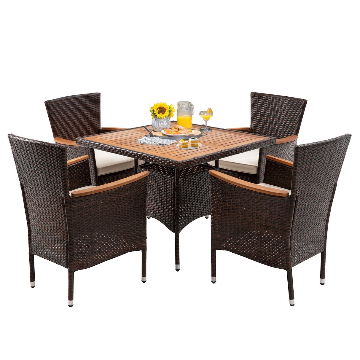 5 Piece Wicker Patio Dining Sets for 4, Rattan Outdoor Dining Table and Chairs with Wood Table Top, Water-Resistant Patio Conversation Set for Deck, Garden, Backyard, Removable Cushions, Brown FansaFurn