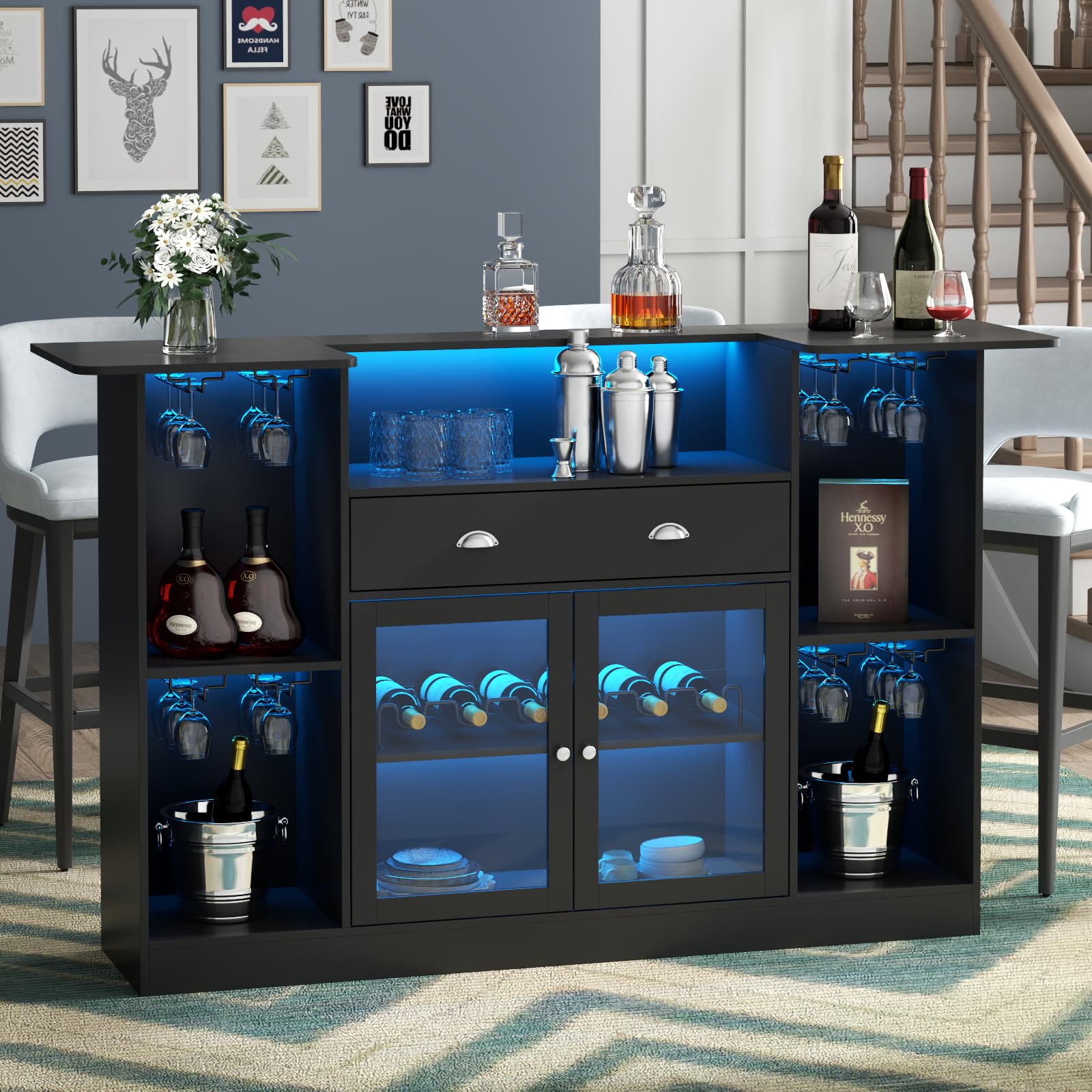 Loomie Crescent-Shaped LED Bar Cabinet with Drawer & Adjustable Wine Rack - WoodArtSupply