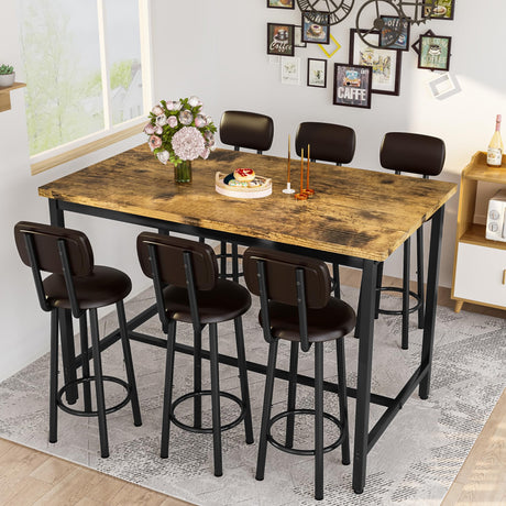 DKLGG 7-Piece Dining Table Set, 50" Bar Table Set for 6 with MDF & Metal Frame, Tall Dining with 6 PU Leather Chairs, Saving Space Pub and Chairs Sets for Bar, Kitchen, Brown DKLGG