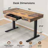 ADOFFUR Standing Desk with Drawer, 55 x 24 Inch Electric Standing Desk Adjustable Height Desk, Black Stand up Desk with One-Piece Brown Desktop, Wheels, Memory Presets, USB Ports for Home Office ADOFFUR