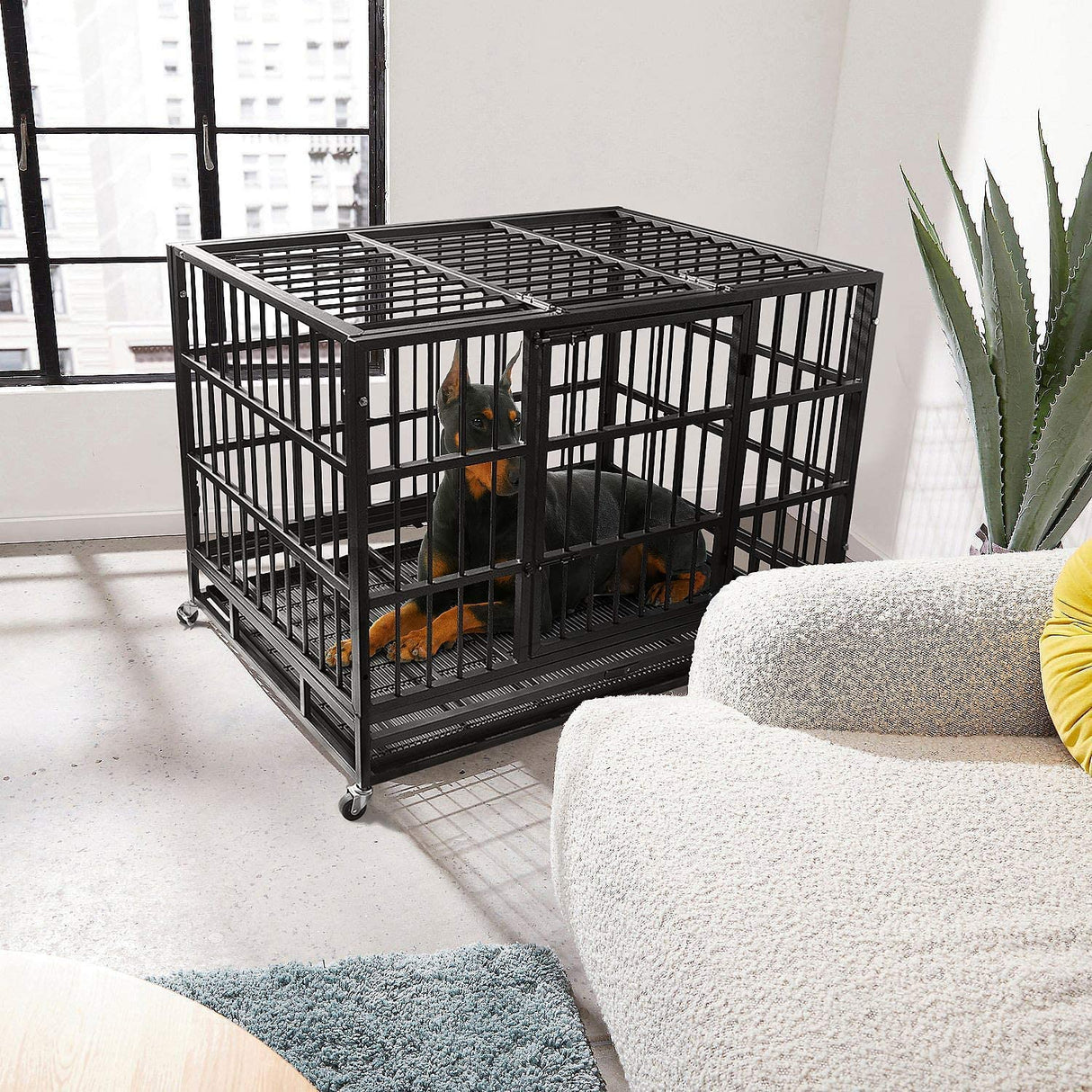 WOKEEN 48/38 Inch Heavy Duty Dog Crate Cage Kennel with Wheels, High Anxiety Indestructible, Sturdy Locks Design, Double Door and Removable Tray, Extra Large XL XXL WOKEEN