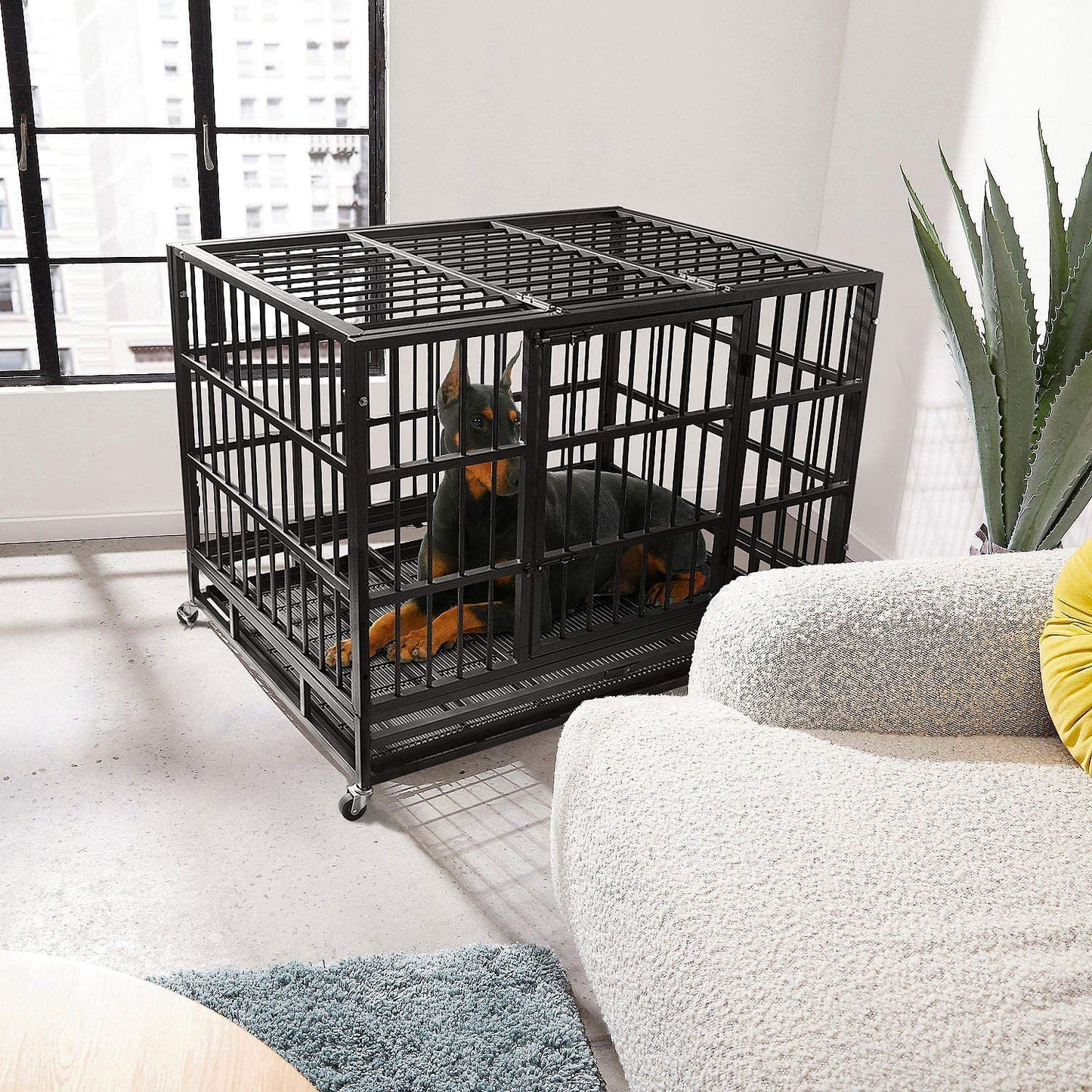 WOKEEN 48/38 Inch Heavy Duty Dog Crate Cage Kennel with Wheels, High Anxiety Indestructible, Sturdy Locks Design, Double Door and Removable Tray, Extra Large XL XXL