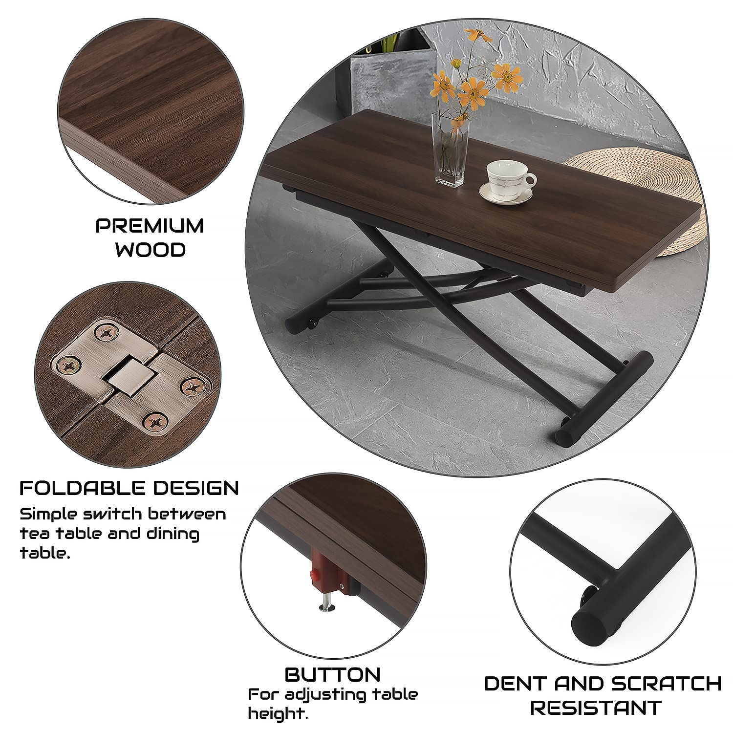 MYSELFLY Living Room Dinning Tables Folding Metal Lift Bracket Multifunction Transform Dinner Kitchen Coffee Tea End Table in Home Wood Desktop Design 40x35 Walnut - WoodArtSupply