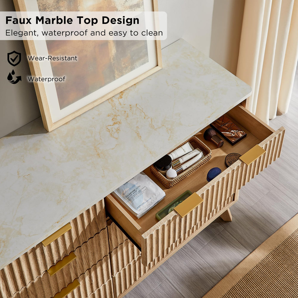 T4TREAM Fluted 8 Drawers Dresser, 54" Wide Modern Chest of Drawers with Faux Marble Top, Curved Profile Design, Dresser TV Stand, Wood Drawer Organizer for Bedroom, Living Room, Hallway, Natural Oak T4TREAM