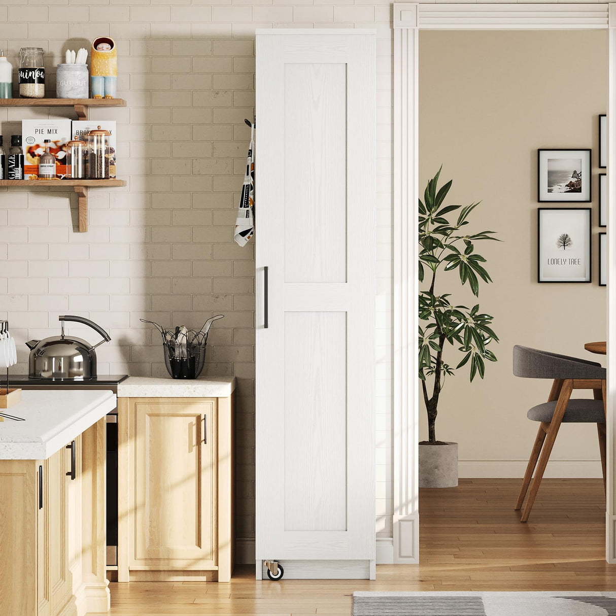 IRONCK Narrow Kitchen Pantry Storage Cabinet, 72" Slim Single Door with 6 Adjustable Shelves, Door Rack and Wheels, Space Saving Freestanding Storage Floor Cabinet for Small Place, White IRONCK