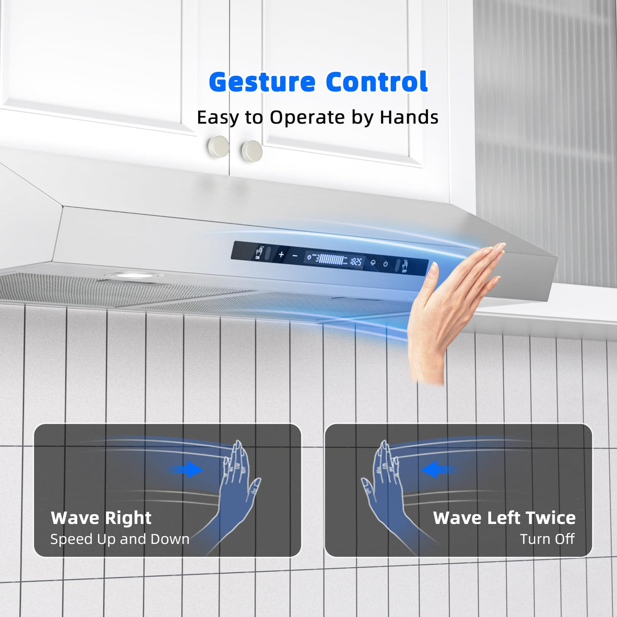 FIREGAS Range Hood 30 Inch Under Cabinet, 450 CFM Ducted/Ductless Kitchen Hood with 3 Speed Fan, Stove Hood Vent with Gesture and Touch Control, Delay Function and LED Lights, Charcoal Filter FIREGAS