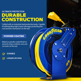 Goodyear Extension Cord Reel Retractable 14AWG x 100' Feet 3C SJTOW Cable Triple Tap Connector Power Rating 125 Volt AC 13 Amp 1625 Watt Industrial Steel Single Arm Goodyear