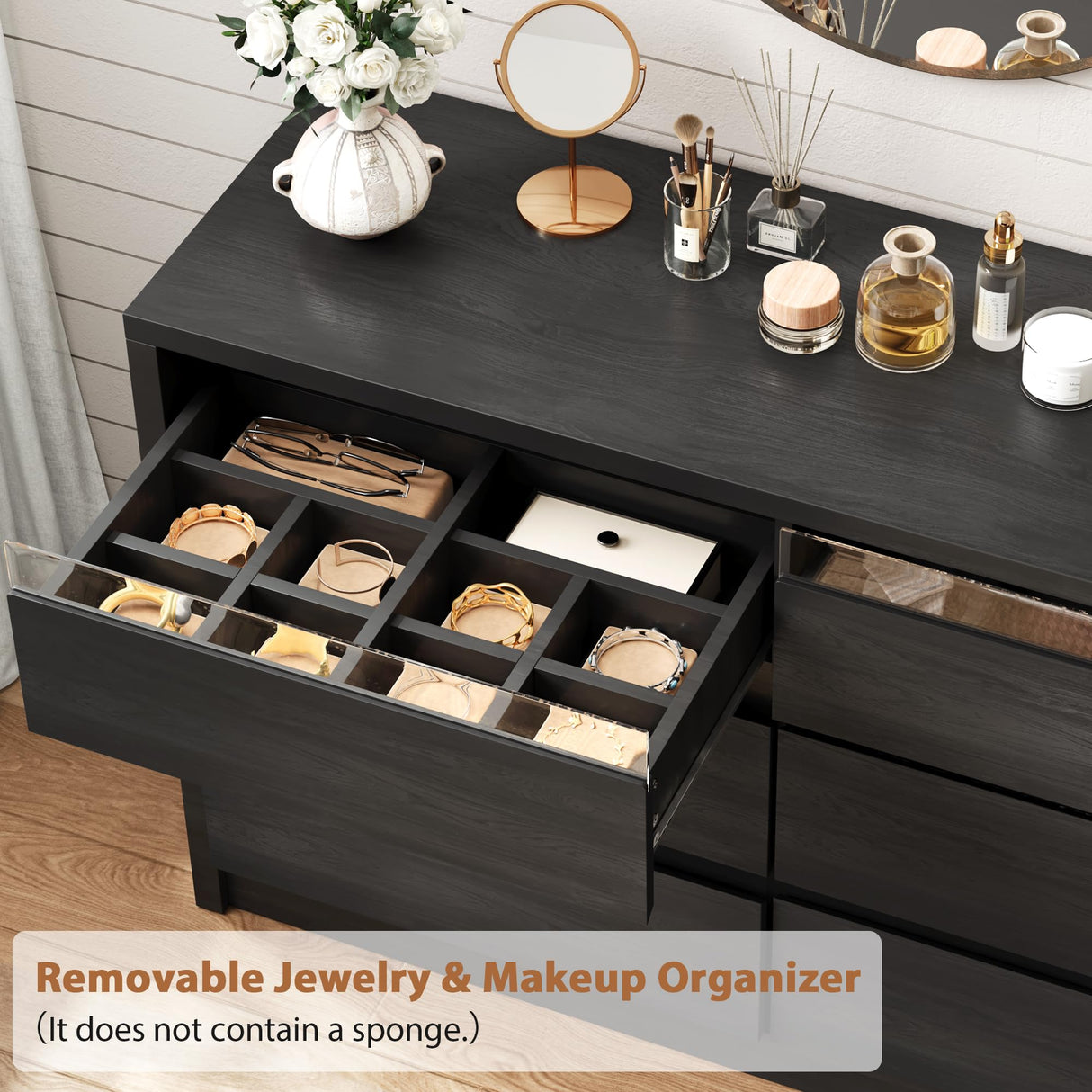 Jocoevol Large 6 Drawer Dresser for Bedroom with LED Light, Modern Chest of Drawers with Hidden Handles, Long Double Wooden Dresser Closet for Living Room, Entryway, Hallway - Black Jocoevol