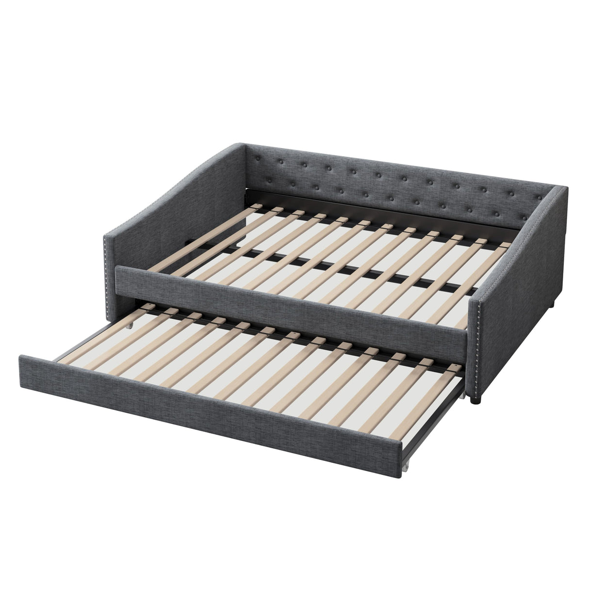 FAVSH Full Size Upholstered Daybed with Trundle,Tufted Sofa Bed w/Button on Back and Piping on Waved Shape Arms for Bedroom Guest Room, No Box Spring Needed,Dark Grey FAVSH