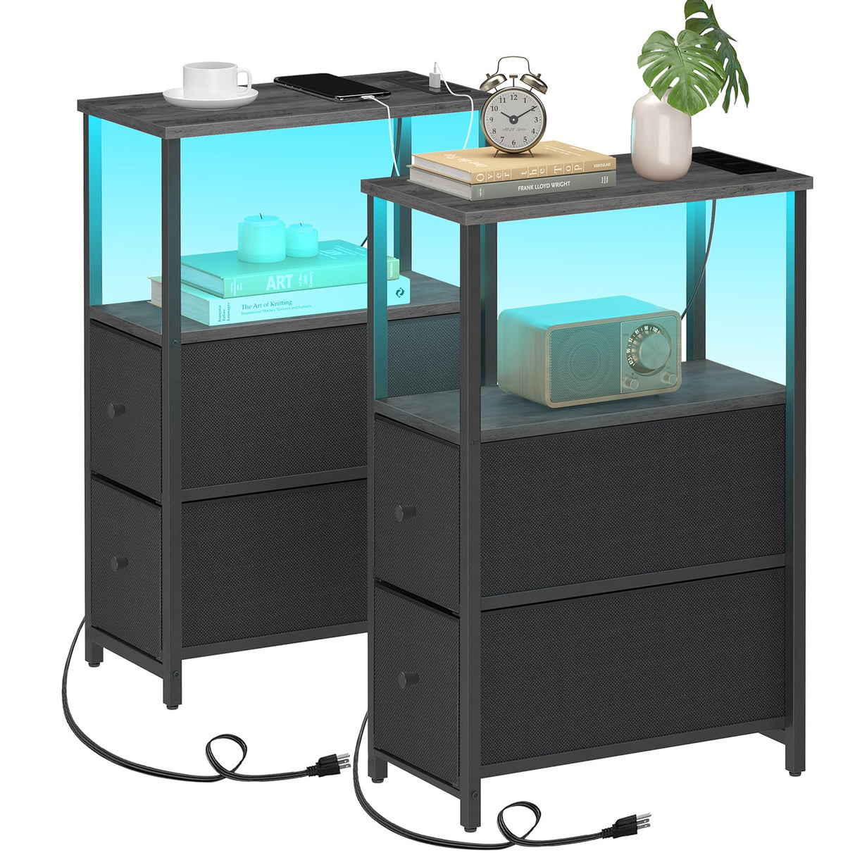 TUTOTAK Small Narrow LED End Table with Charging Station, Side Table Outlets, Nightstand with 2 Cloth Drawers, Set of 2, Couch Table, for Living Room, Bedroom, Bedside, Charcoal Grey TB01BY056 TUTOTAK