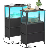 TUTOTAK Small Narrow LED End Table with Charging Station, Side Table Outlets, Nightstand with 2 Cloth Drawers, Set of 2, Couch Table, for Living Room, Bedroom, Bedside, Charcoal Grey TB01BY056 TUTOTAK