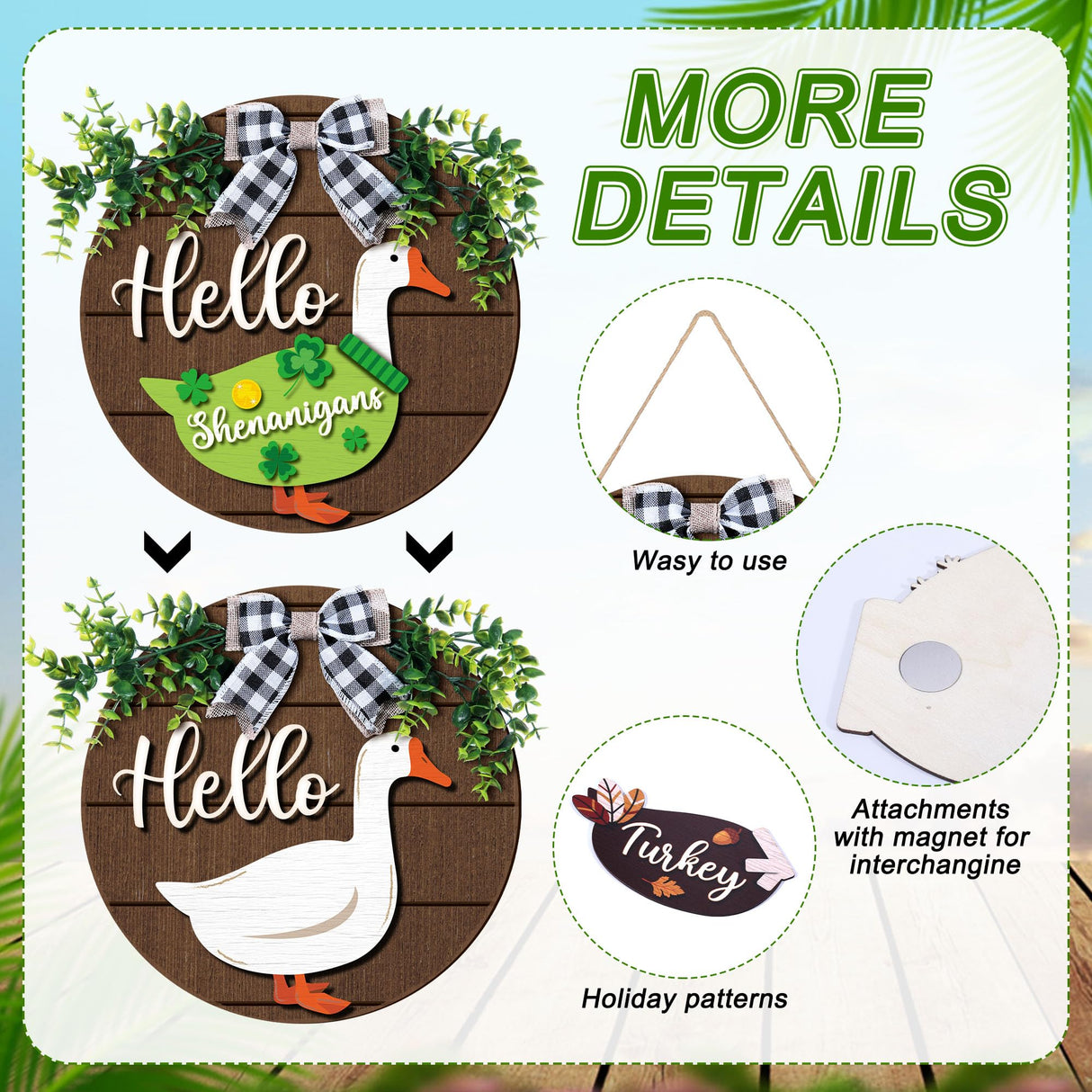 Weysat 13 Pcs Interchangeable Wooden Goose Decor, 11.8 Inch Holiday Seasonal Welcome Changeable Hello Geese Signs Rustic Farmhouse Front Door Round Wreaths Hanging Decorations for Porch Home Outdoor Weysat