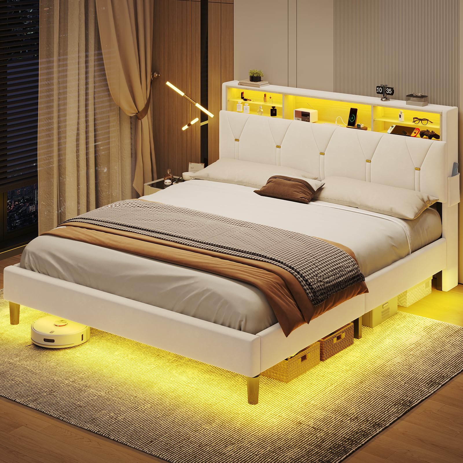 BTHFST Creamy White Velvet Queen Bed Frame with LED Lights & Charging Station - WoodArtSupply