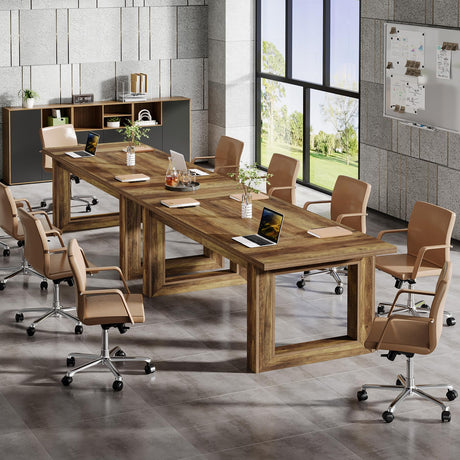Tribesigns Conference Table, Modern Office Meeting Table, 10.5 ft Conference Room Table with Solid Wooden Base, Large Rectangular Business Furniture Seminar for Boardroom (2, Brown) Tribesigns