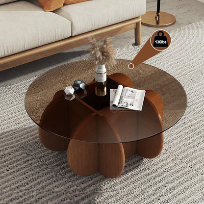Modern Round Coffee Table with Solid Wood Legs, 31.5'' Glass Coffee Tables for Living Room Rustic Circle Center Cocktail Table with Tempered Glass-Top, Unique Accent Table for Small Spaces