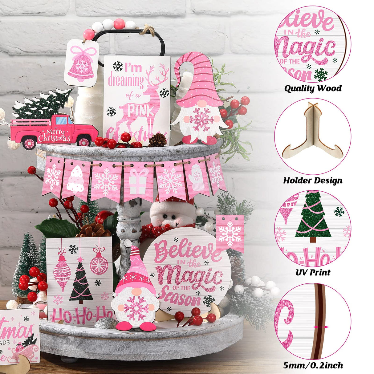 Bucherry 15 Pieces Christmas Tiered Tray Decor Gingerbread Christmas Farmhouse Table Decorations Tiered Tray Xmas Decor Set Winter Wooden Sign Tabletop for Xmas Party (Romantic Style) Bucherry