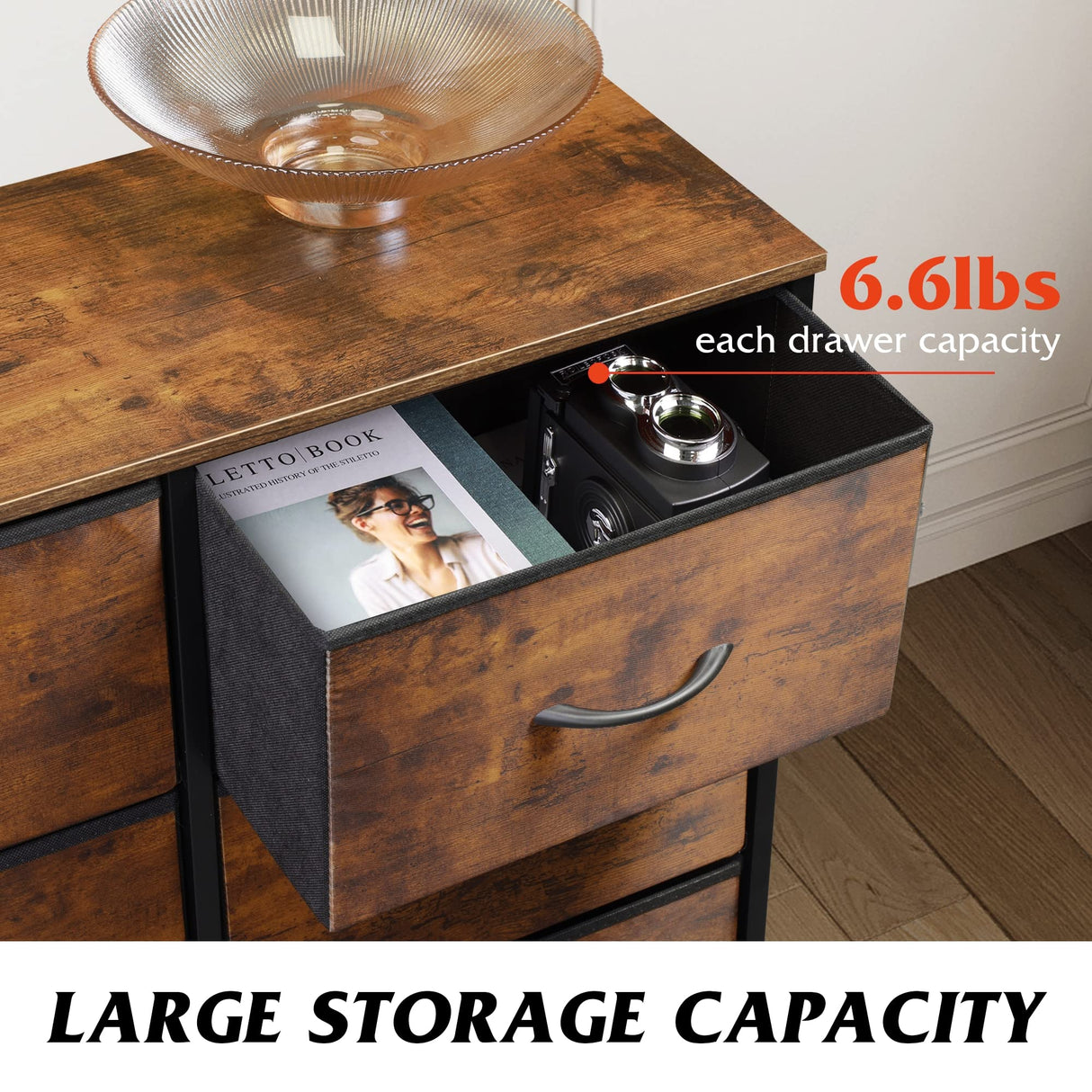 WLIVE 6 Drawer Dresser for Bedroom, Fabric Double Dresser, Storage Tower with Fabric Bins, Chest of Drawers for Closet, Living Room, Hallway, Rustic Brown Wood Grain Print WLIVE