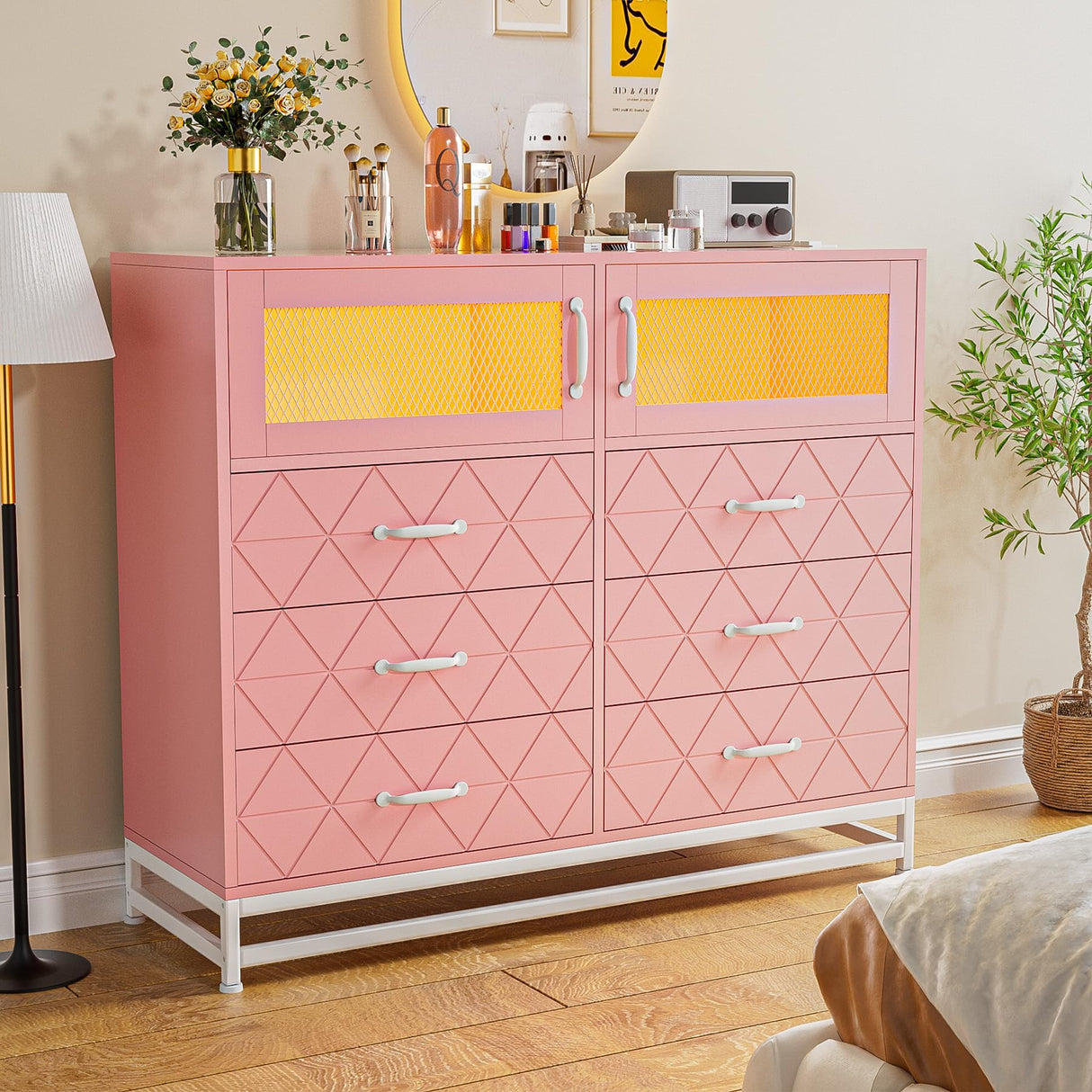 ElectraSpeedy Dresser for Bedroom, 6 Drawer Dresser with 2 Shelves, LED Lights & Charging Station, Modern Chest of Drawers for Bedroom, Entryway, Hallway, Pink ElectraSpeedy