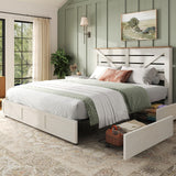 LUXOAK 48.8" H Queen Size Bed Frame with 4 Storage Drawers, Farmhouse Platform Bed with Barn Door Headboard, Rustic Wood Grain, No Box Spring Needed, Rustic White LUXOAK