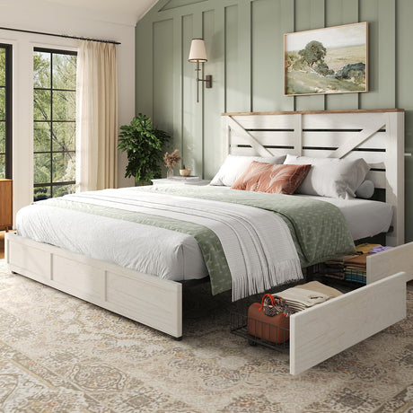 LUXOAK 48.8" H Queen Size Bed Frame with 4 Storage Drawers, Farmhouse Platform Bed with Barn Door Headboard, Rustic Wood Grain, No Box Spring Needed, Rustic White LUXOAK