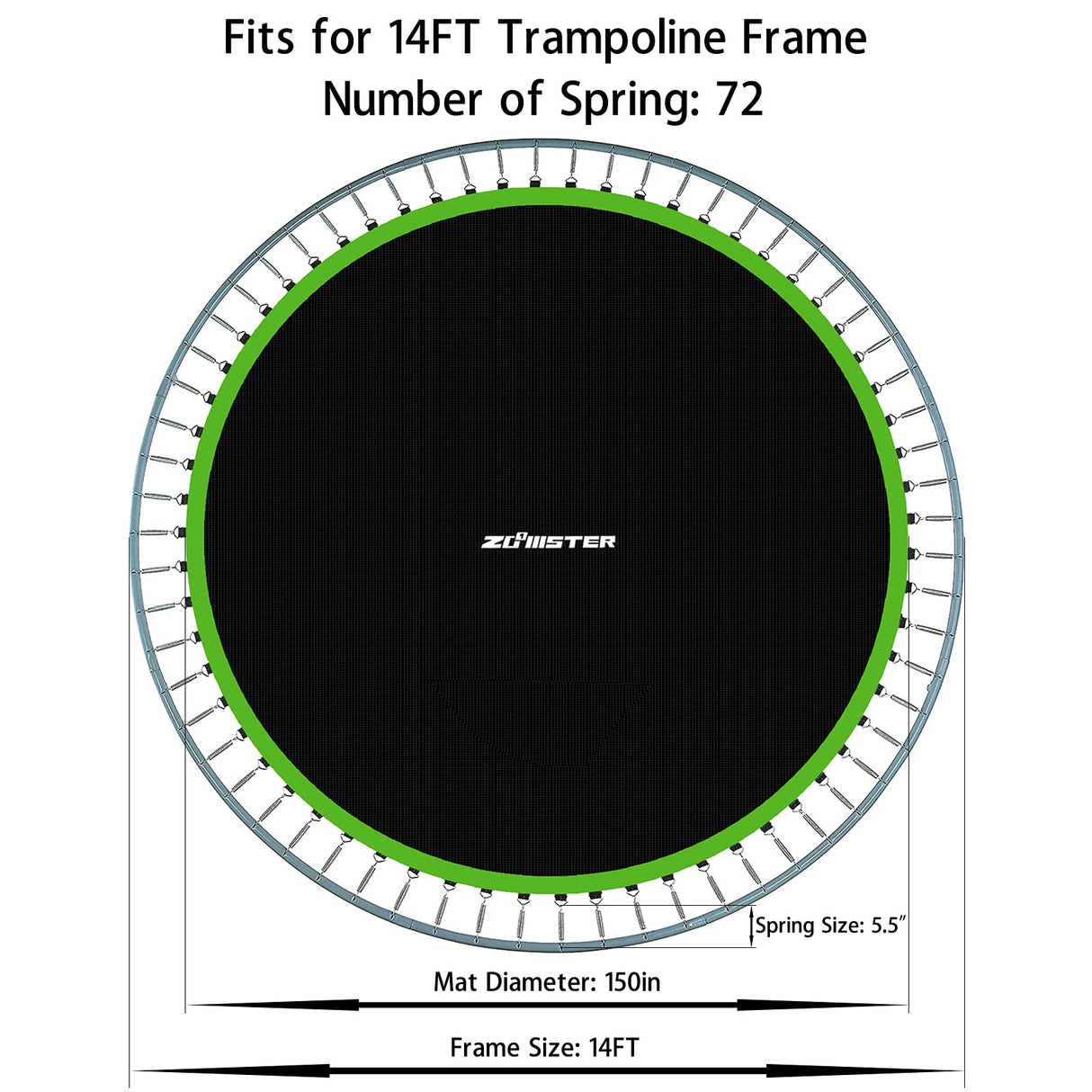 Zoomster Replacement Jumping Mat, Fits 14 ft Round Trampoline Frame with 72 V-Hooks, Using 5.5" Springs 150" Premium Trampoline Mat (Excluding Frame and Spring) Zoomster